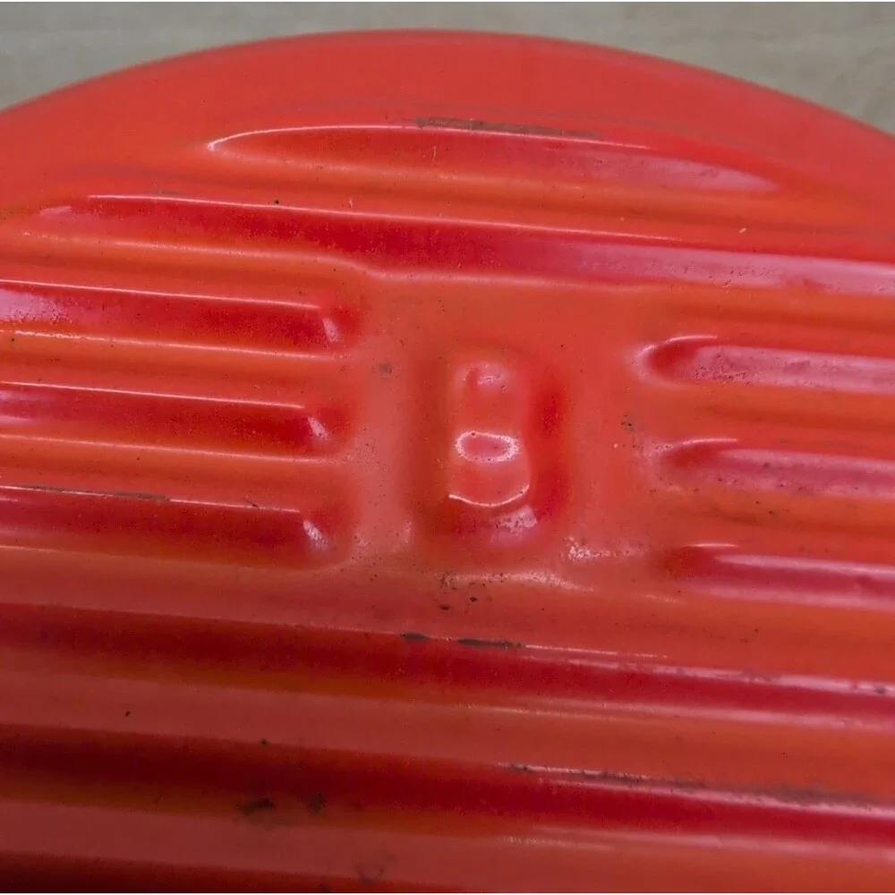Vintage Le Creuset Enameled Cast Iron 2 Qt Pot Flame Orange Ribbed Bottom & Lid